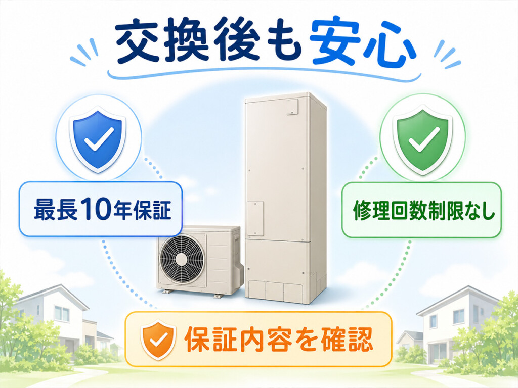 エコキュート交換後の不安を減らすために安心保証を確認する説明画像