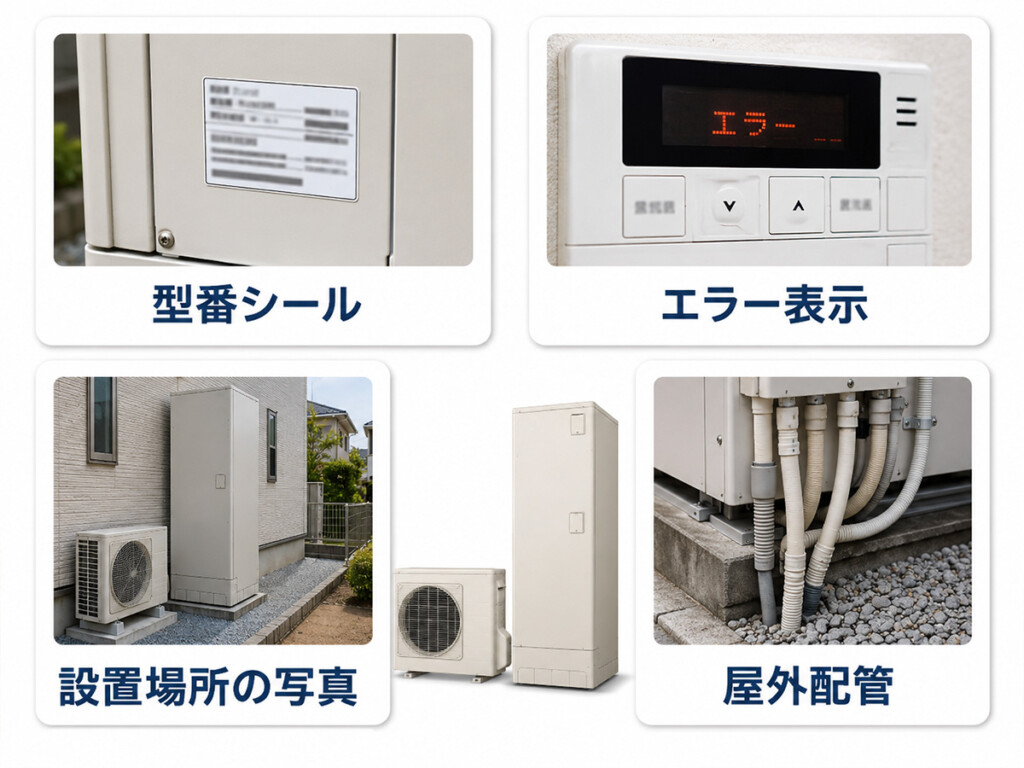 エコキュートのお湯が出ない相談前に型番シールやエラー表示や設置場所や屋外配管の写真を準備する説明画像