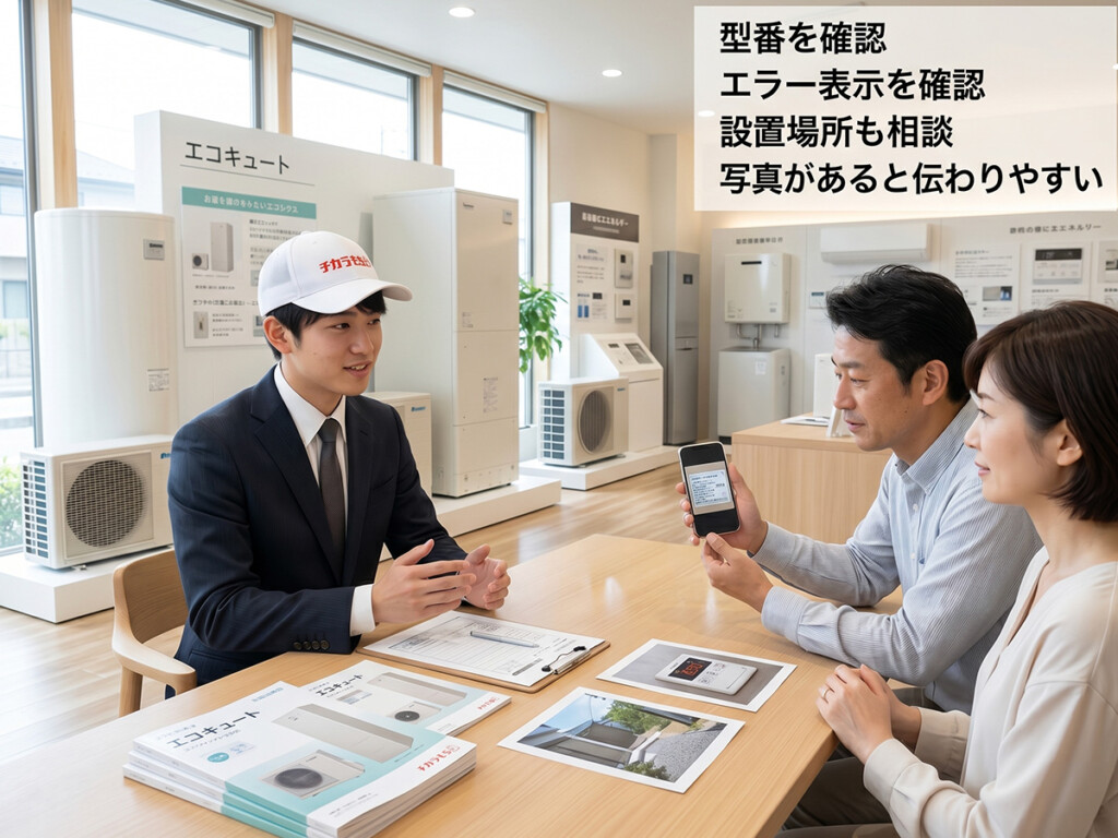 チカラもち富山店の店内で、型番やエラー表示や設置場所の写真を見ながらエコキュートの不調について相談しているイメージ