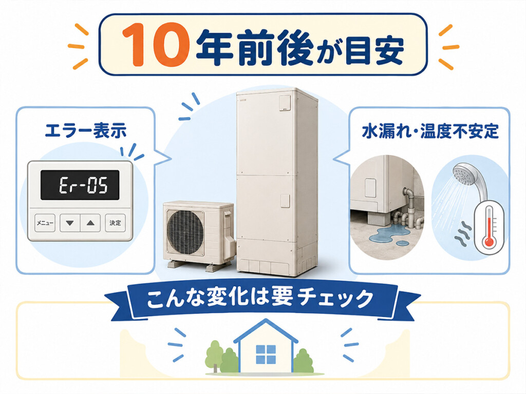 エコキュートの交換時期を10年前後の目安と症状で確認する説明画像