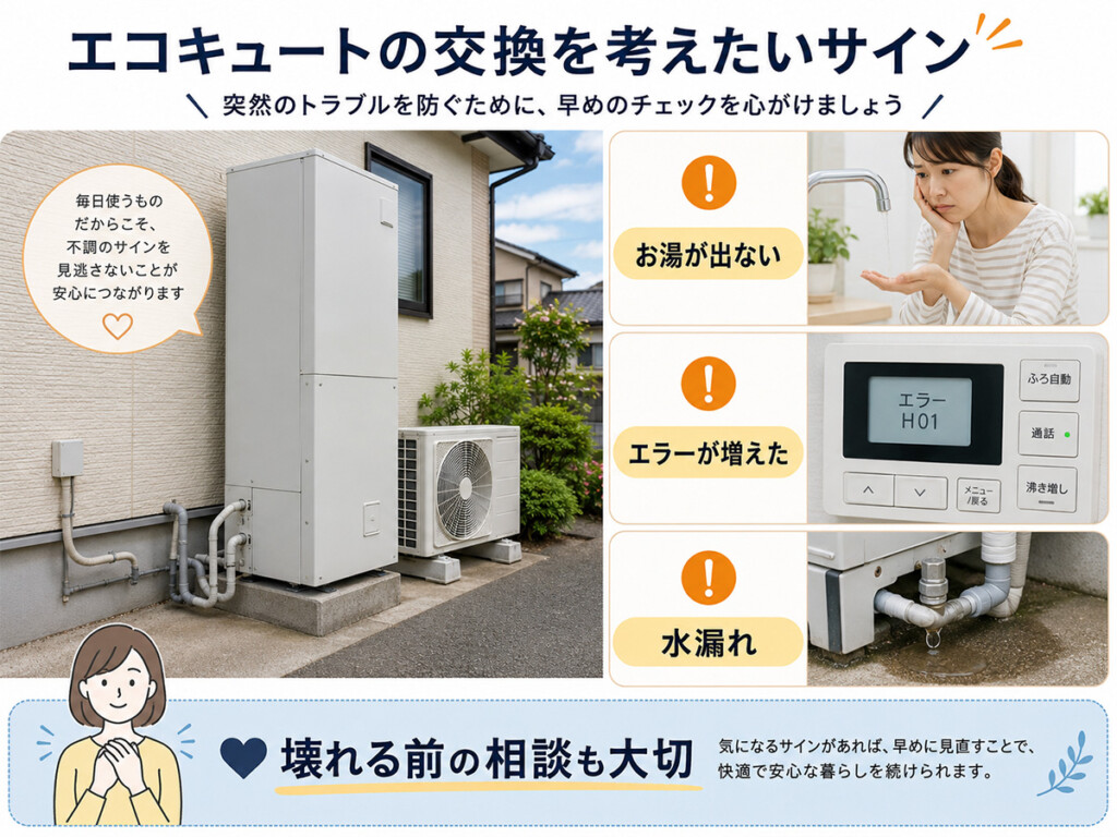 エコキュートの故障前サインとしてお湯が出ないエラー水漏れを整理した説明画像