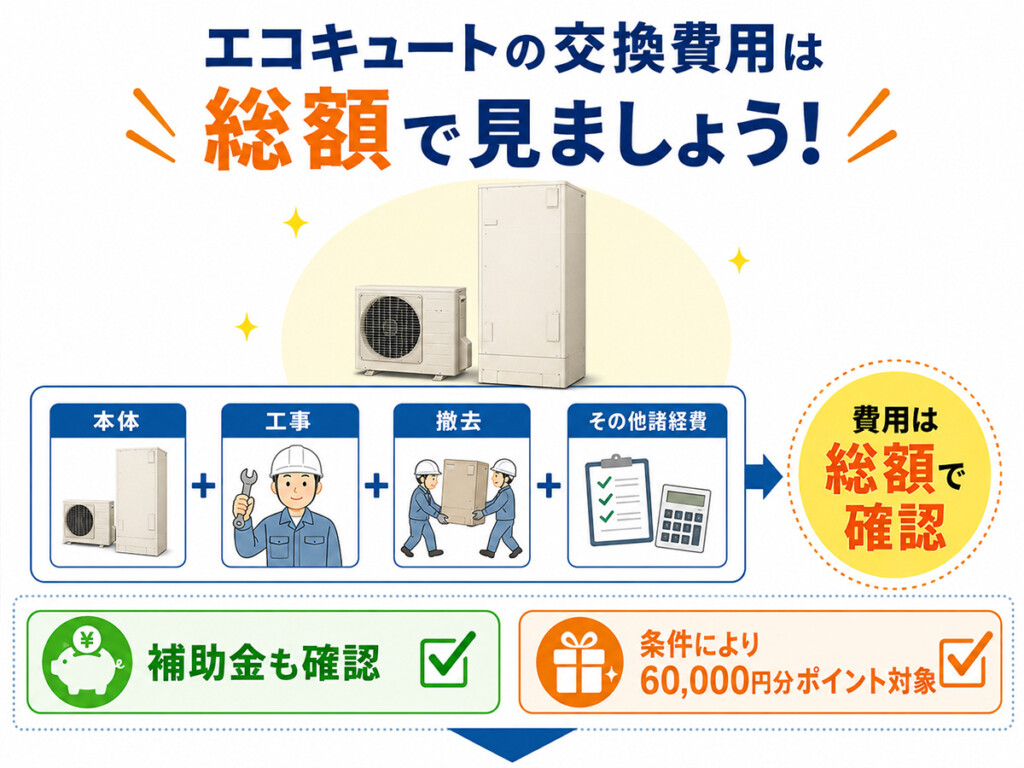エコキュートの買い替え費用と補助金やポイントの考え方を整理した説明画像