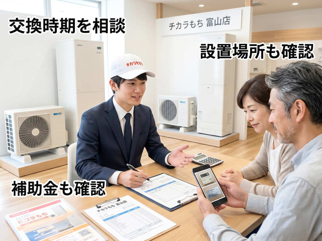 チカラもち富山店のスタッフとエコキュートの交換時期や補助金について相談しているイメージ