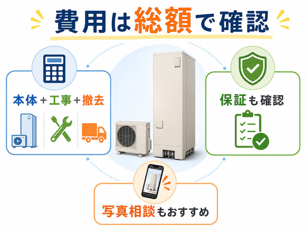 エコキュート交換費用を本体価格だけでなく総額で確認する説明画像
