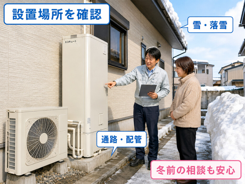 砺波市の戸建て住宅でエコキュートの設置場所や雪と配管を確認するイメージ