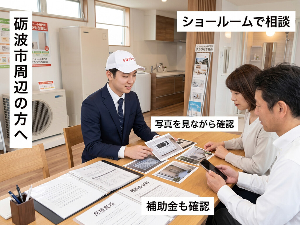 砺波リフォームバリュー館でスタッフにエコキュート交換や補助金について相談しているイメージ