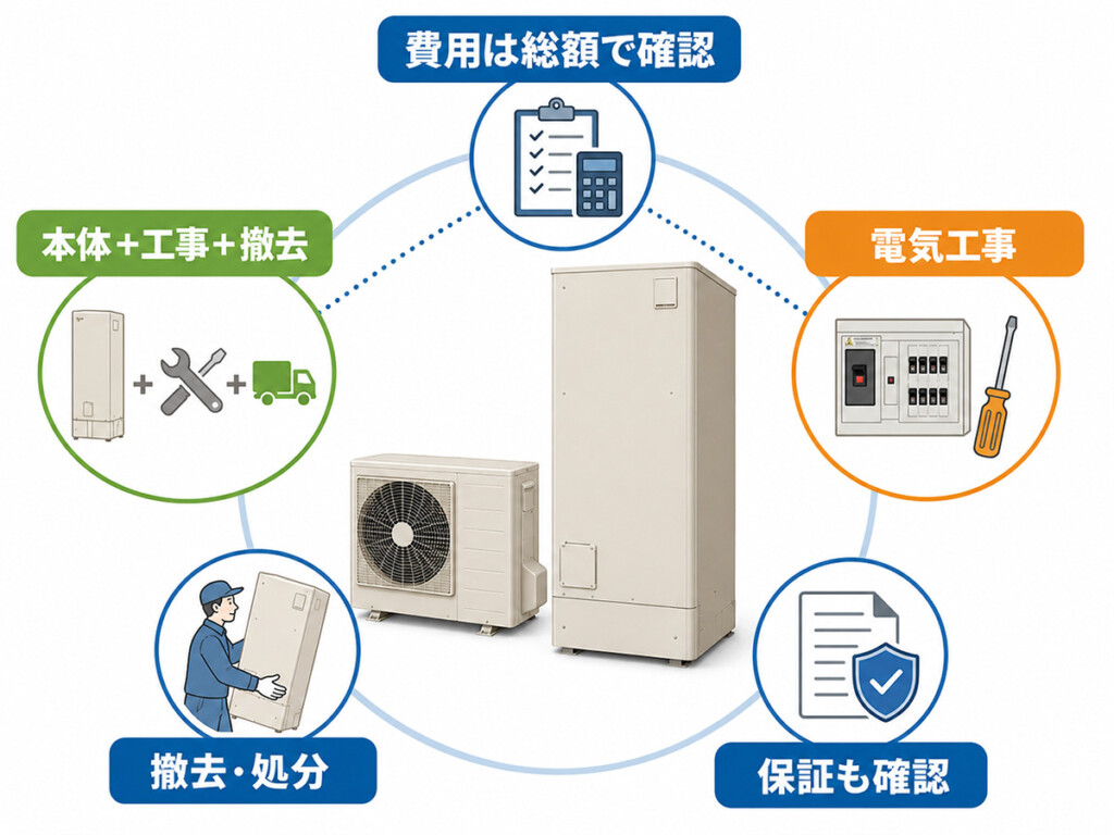 電気温水器からエコキュートへ交換する費用を本体工事撤去で確認する説明画像