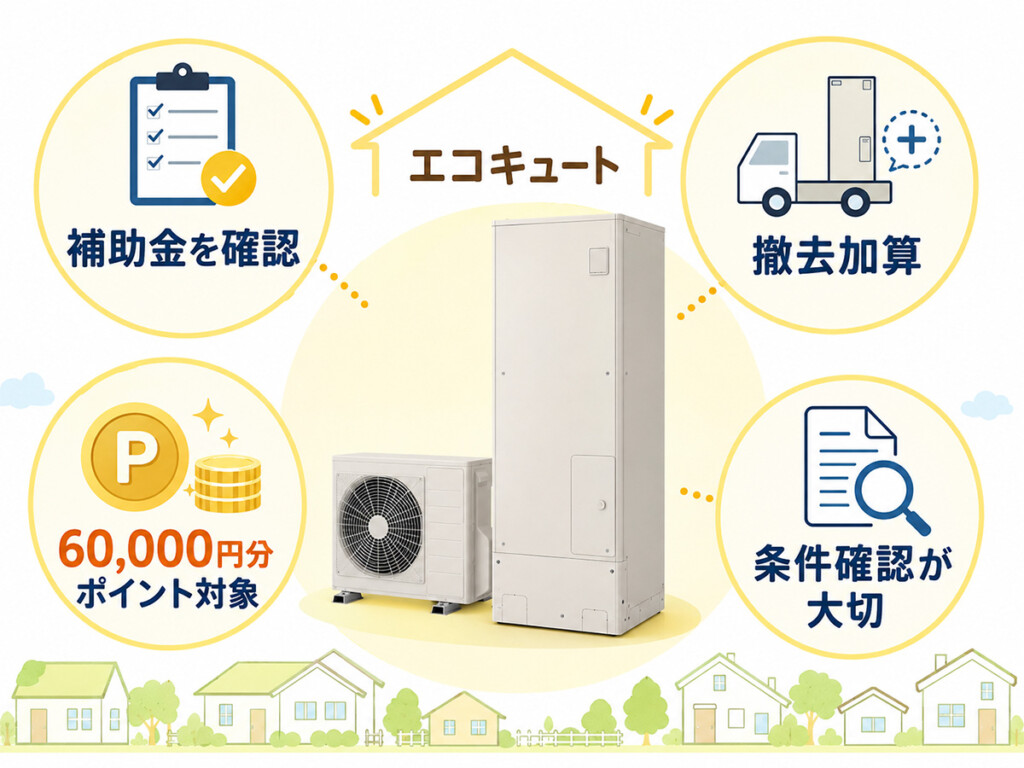 電気温水器からエコキュートへ交換する時の補助金撤去加算60,000円分ポイントを説明する画像