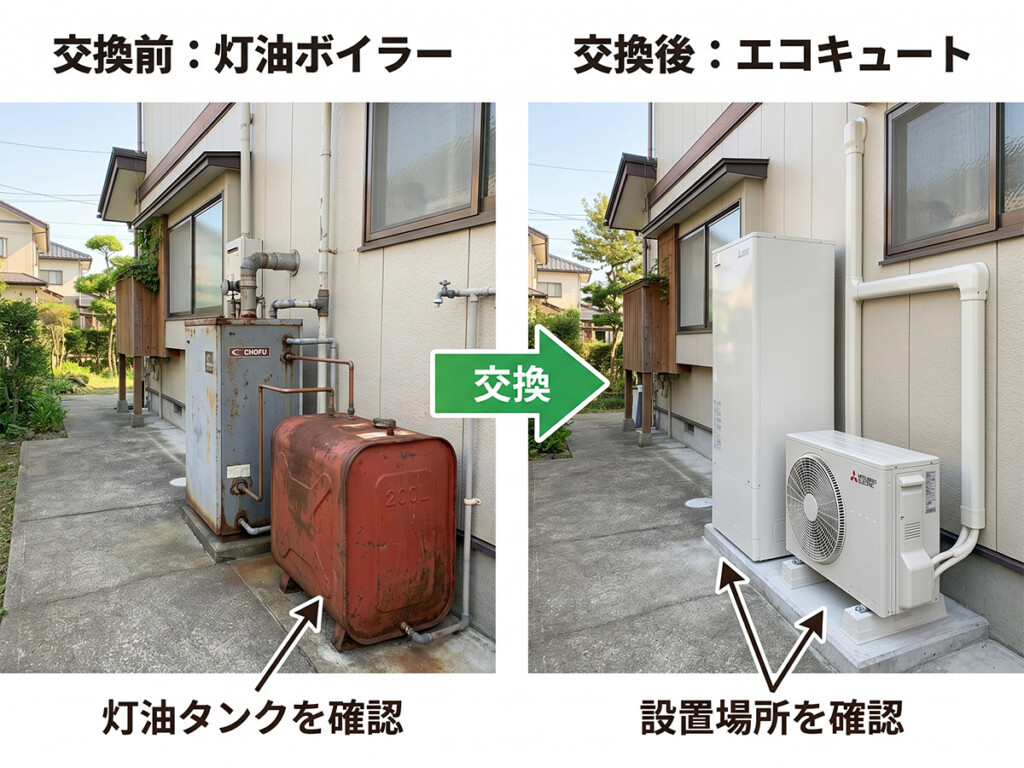 灯油ボイラーからエコキュートへ交換できるかを比較して説明する画像