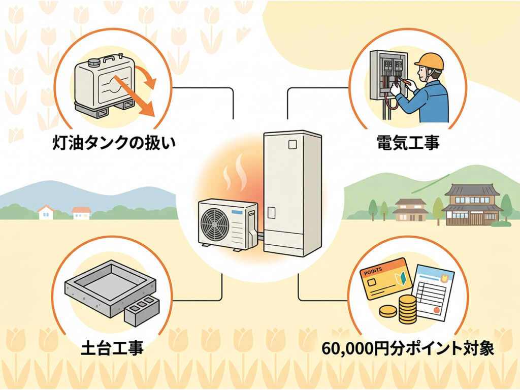 灯油ボイラーからエコキュートへ交換する時の灯油タンク電気工事土台工事60,000円分ポイントを説明する画像