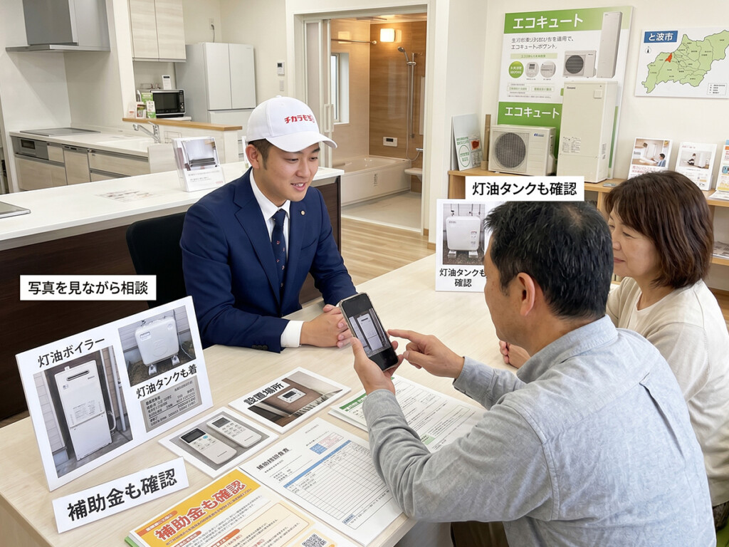 砺波リフォームバリュー館でスタッフに灯油ボイラーからエコキュートへの交換を相談しているイメージ