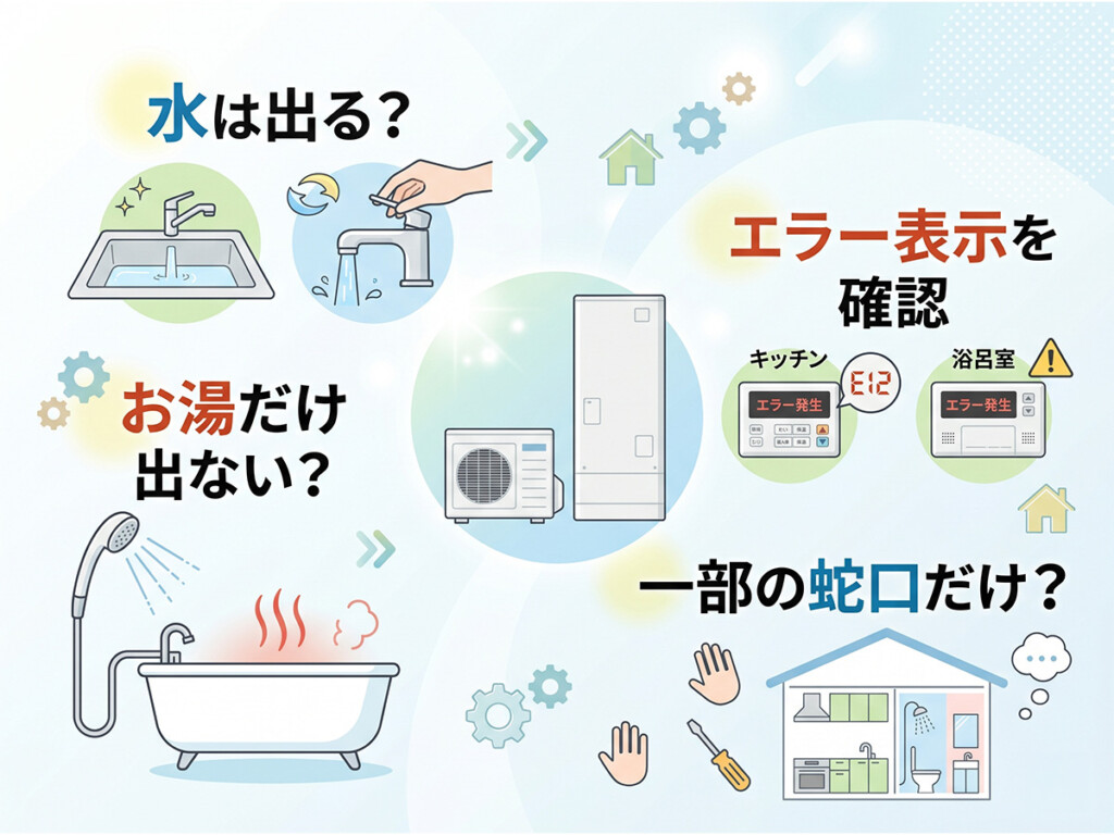 エコキュートのお湯が出ない時に水は出るかお湯だけ出ないかを確認する説明画像