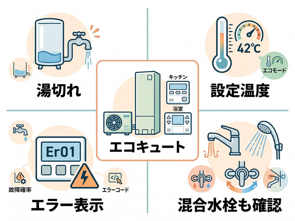 エコキュートで水は出るのにお湯が出ない時の主な原因を整理した説明画像