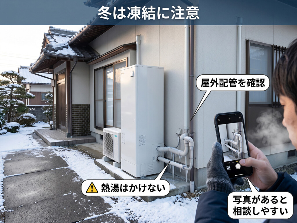 砺波市の冬場にエコキュートの屋外配管や凍結を確認するイメージ