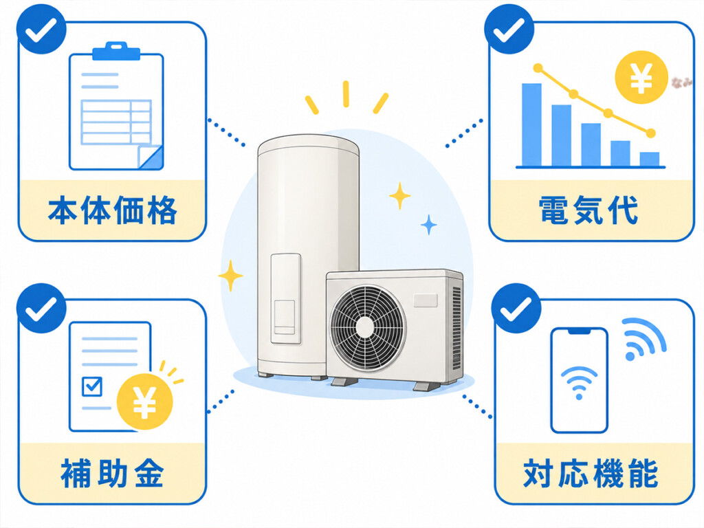 エコキュート交換は本体価格だけでなく電気代や補助金や対応機能まで確認する説明画像