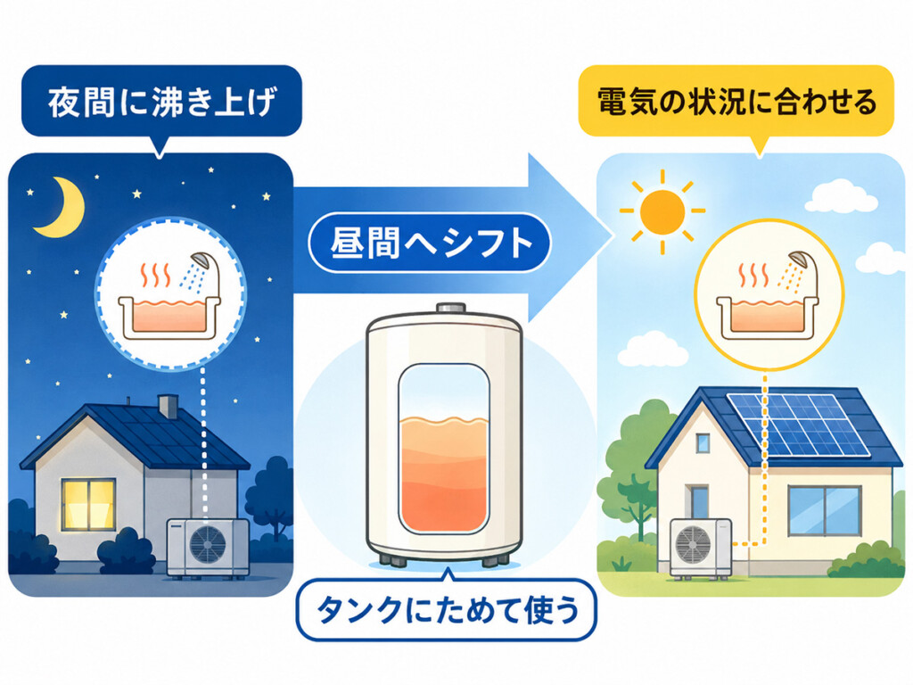 エコキュートの夜間沸き上げと昼間シフトの考え方を説明する画像