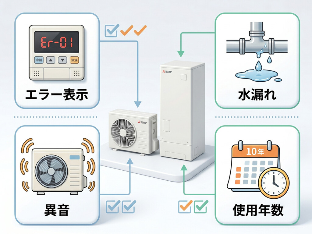 エコキュートが故障した時にエラー表示や水漏れや異音や使用年数を確認する説明画像