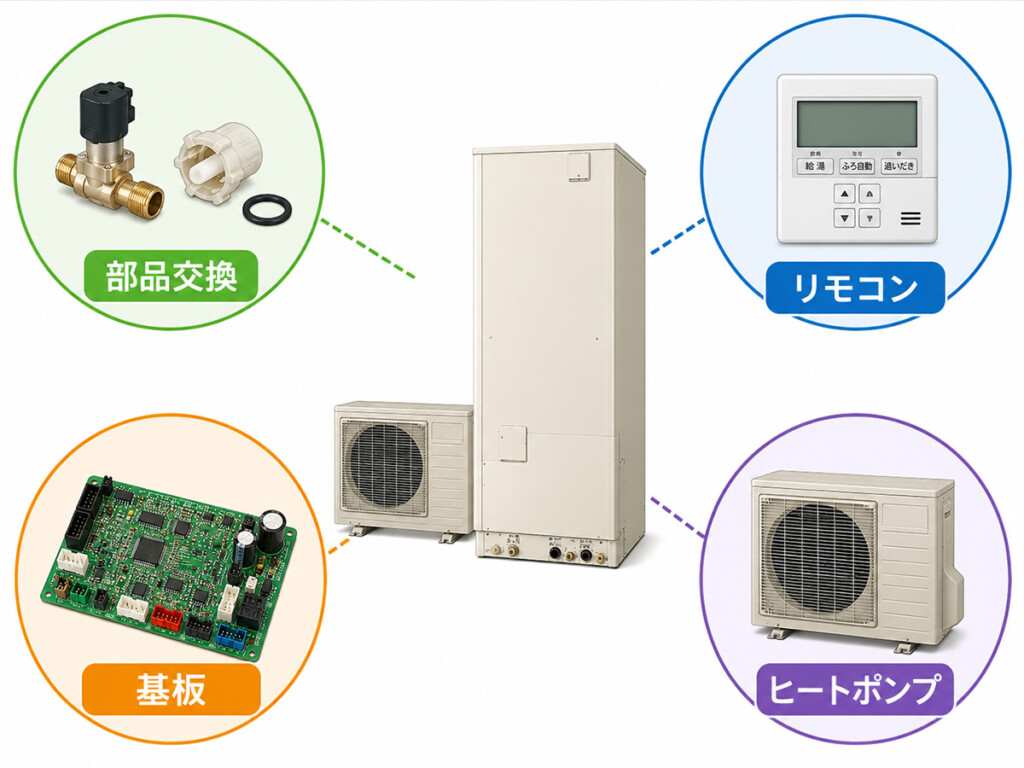 エコキュート修理の費用が部品交換リモコン基板ヒートポンプで変わる説明画像