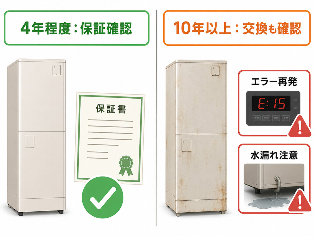エコキュート修理と交換の判断目安を4年10年エラー再発水漏れで整理した説明画像