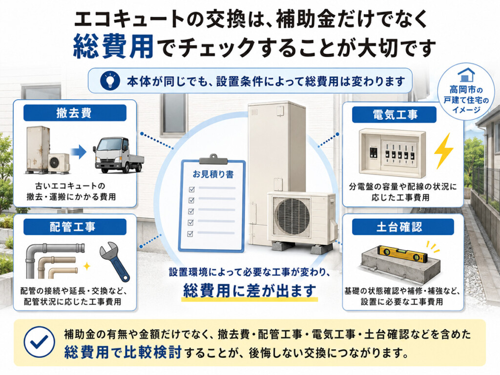 エコキュート交換を補助金だけでなく撤去費配管工事電気工事土台確認を含む総額で見る説明画像