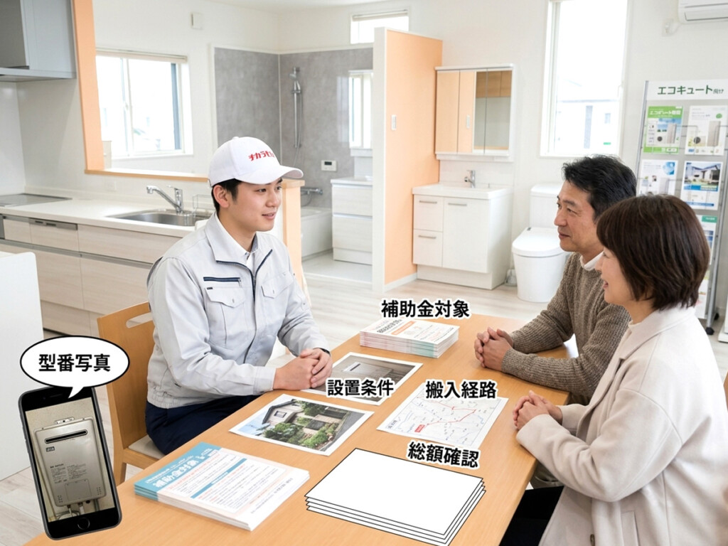 チカラもち富山店で型番写真や設置場所写真を見ながら補助金対象と総額を確認しているイメージ
