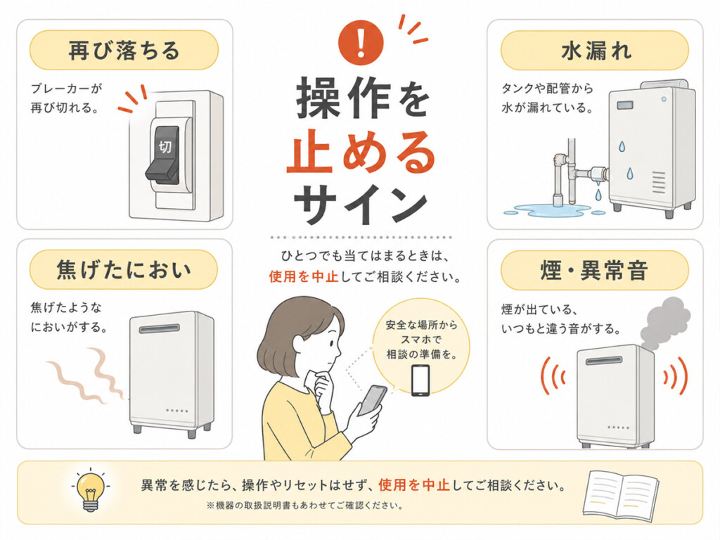 エコキュートでブレーカーが再び落ちる、水漏れ、焦げ臭、煙がある場合は操作を止める安全判断の図解