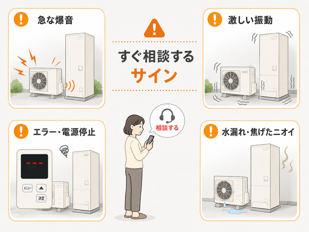 エコキュートの急な大音量、激しい振動、水漏れ、エラーなど相談した方がよい症状の図解