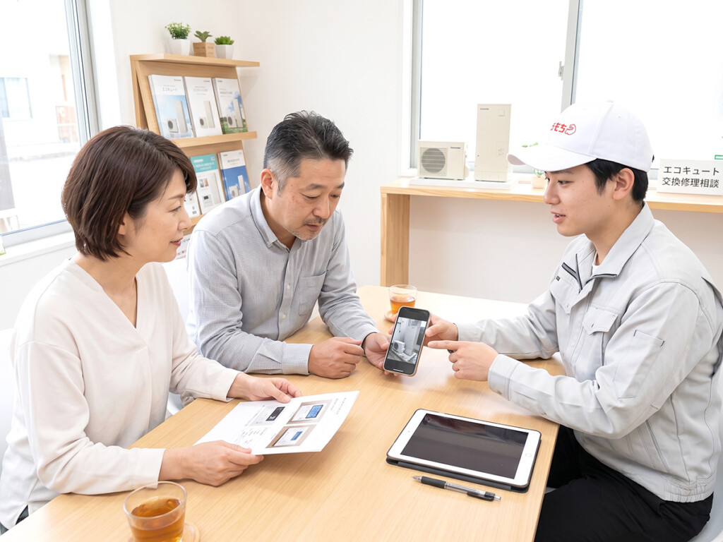 チカラもち富山店のスタッフがお客様とエコキュートの異音動画を確認しているイメージ