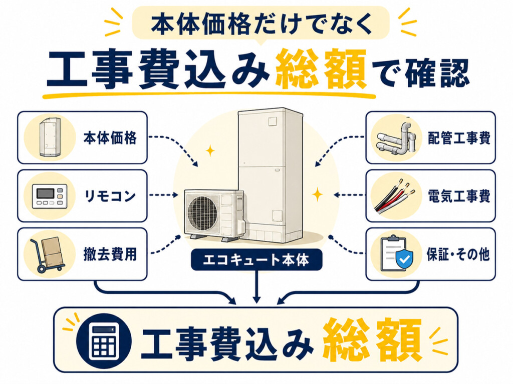 エコキュート交換費用を本体価格だけでなく工事費込み総額で確認する説明画像