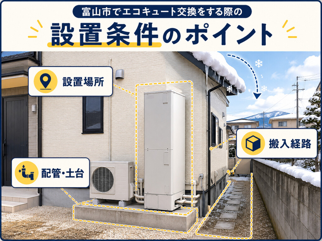 富山市でエコキュート交換時に設置場所や搬入経路や配管土台を確認する説明画像