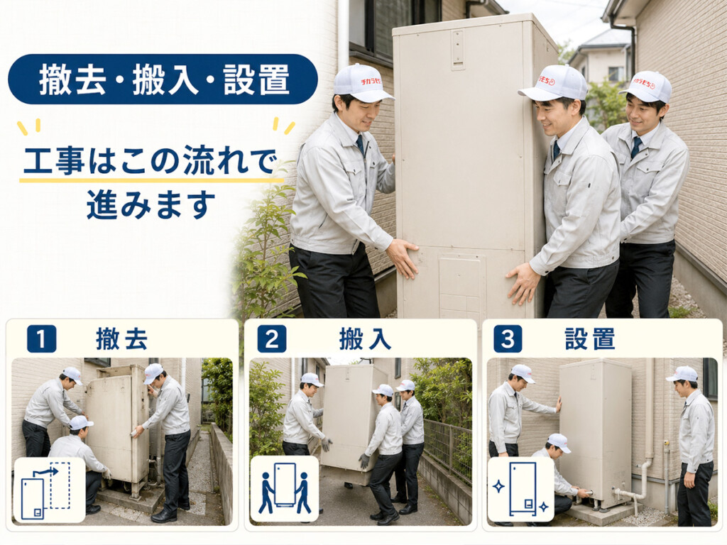 エコキュート交換工事でスタッフ3人が貯湯タンクを搬入しているイメージ