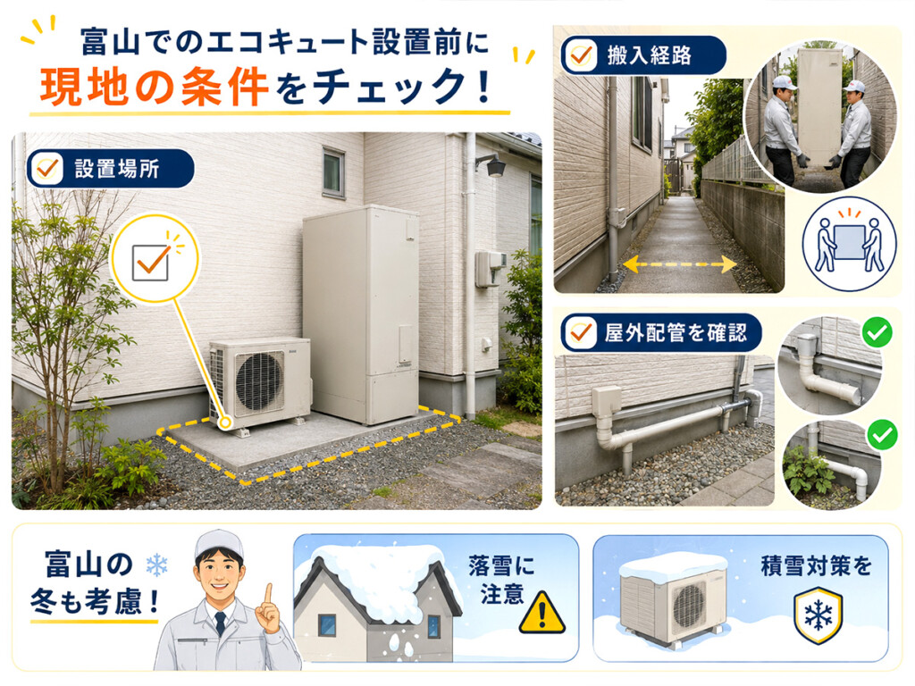 富山市でエコキュート交換工事前に設置場所や搬入経路や屋外配管を確認する説明画像