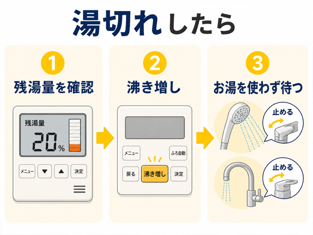 エコキュートが湯切れした時に残湯量を確認して沸き増しを行いお湯を使わず待つ説明画像