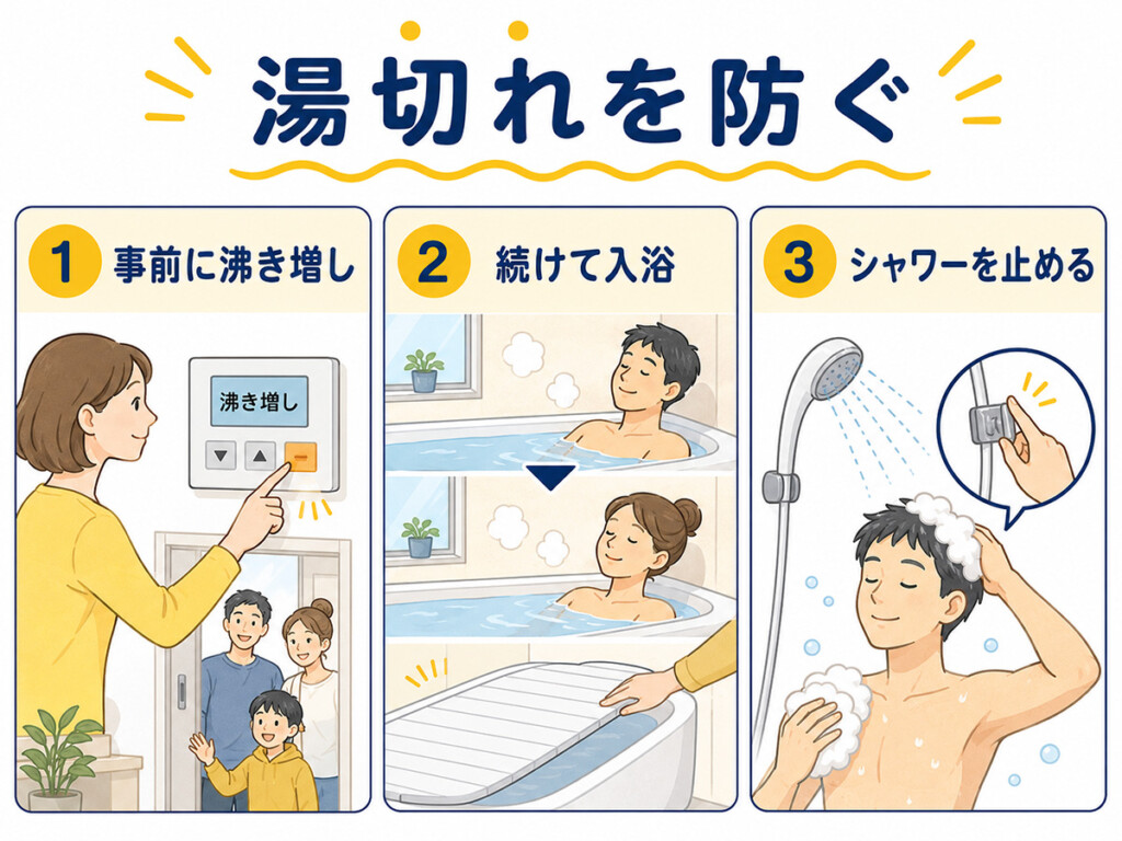 エコキュートの来客前の沸き増しや連続入浴やシャワーの節約で湯切れを防ぐ説明画像