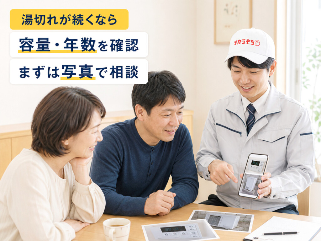 チカラもち富山店のスタッフとお客様がエコキュートの湯切れやタンク容量について安心して相談しているイメージ