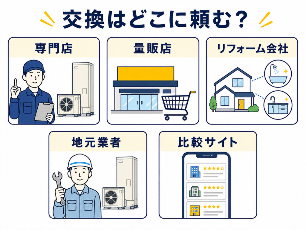 エコキュート交換専門店や家電量販店など依頼先の違いを比較した図解