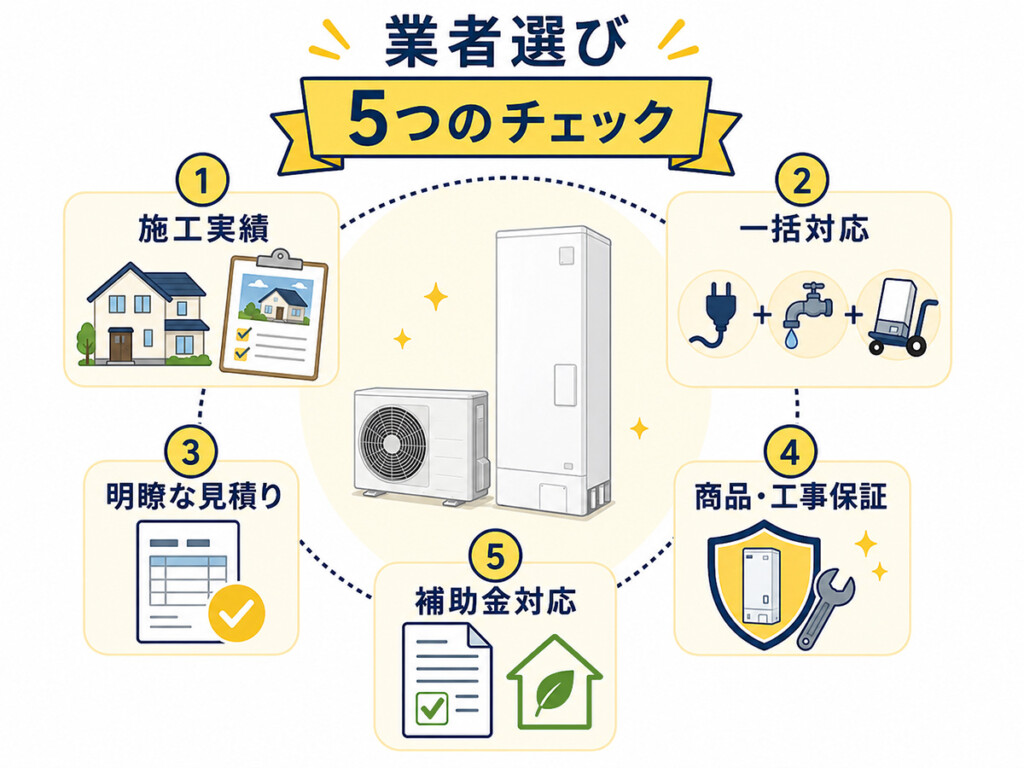 射水市でエコキュート交換業者を選ぶ5つのポイントを示した図解