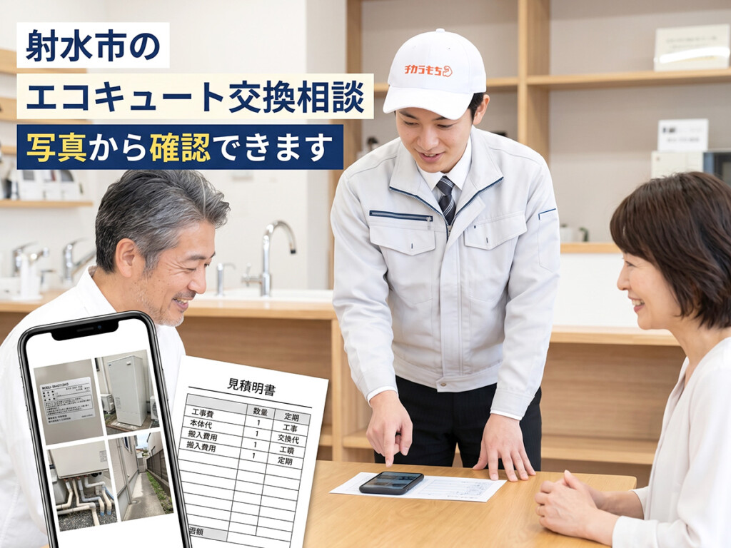 チカラもち富山店のスタッフと射水市のお客様がエコキュート交換について相談しているイメージ
