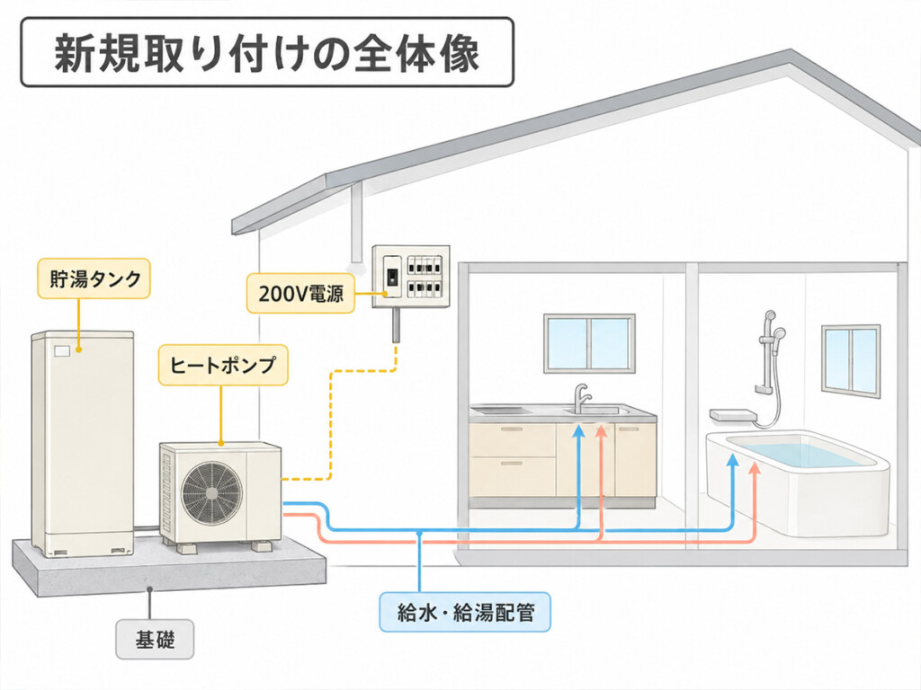 エコキュートの新規取り付けに必要な本体スペース、基礎、電気、配管を示した図解