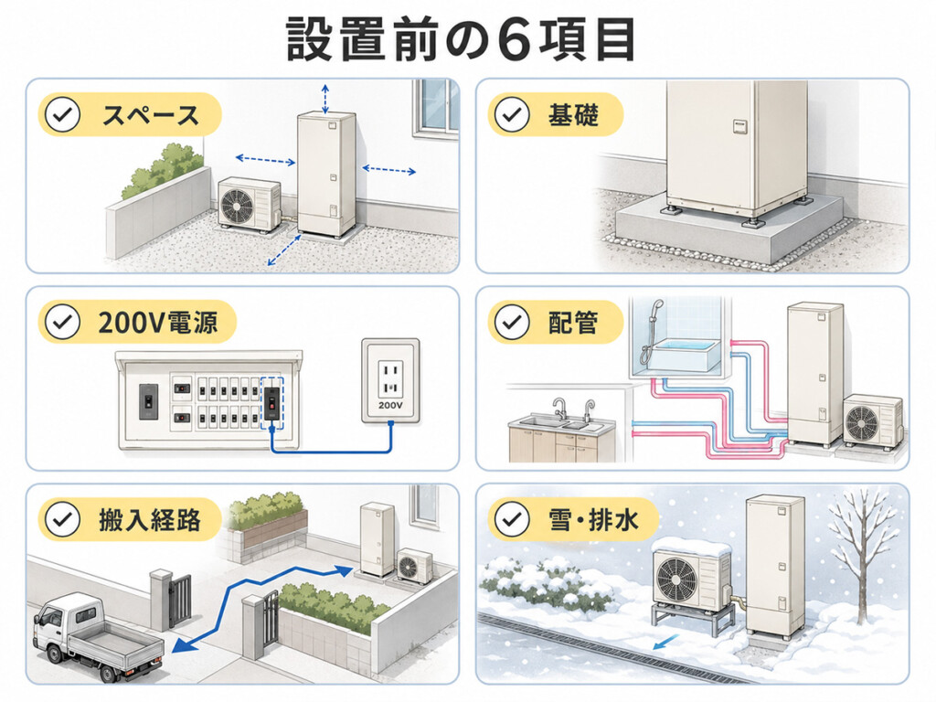エコキュートを新規設置するためのスペース、基礎、200V電源、配管、搬入、雪対策の図解