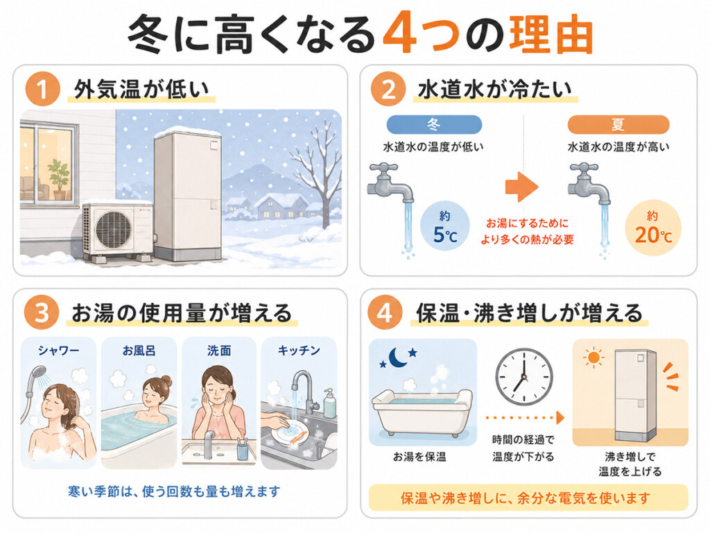 冬にエコキュートの電気代が高くなる外気温、水温、使用量、保温の4つの理由を示した図解