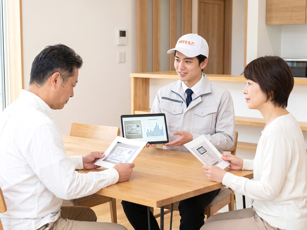 チカラもち富山店のスタッフがお客様とエコキュートの型番や電気使用量を確認しているイメージ