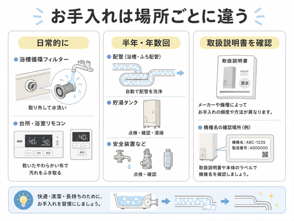 エコキュートの日常、半年、年数回のお手入れを分けて確認する図解