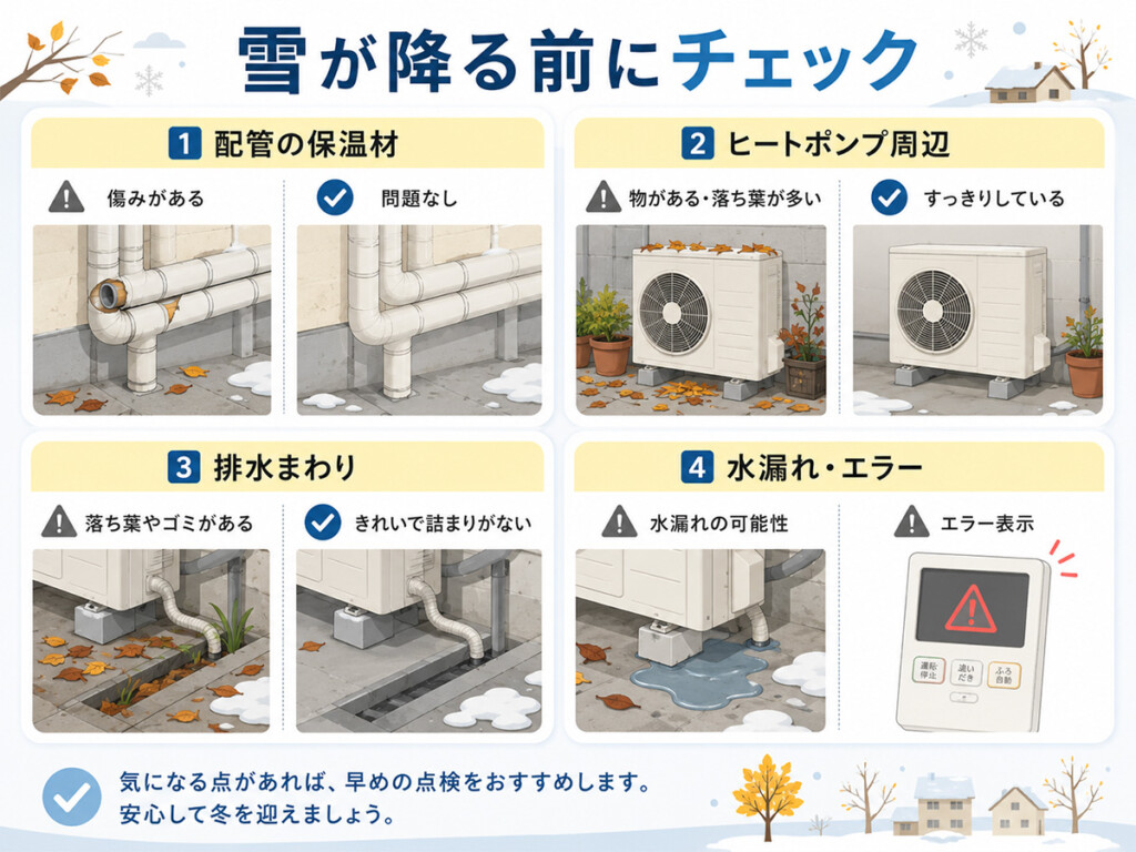富山で冬前に確認したいエコキュート周辺、配管保温材、雪、水漏れのチェックポイント