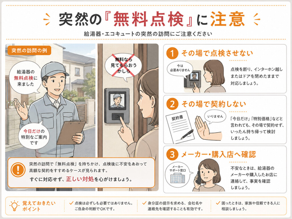 突然の給湯器無料点検やその場での交換契約に注意するポイントを示した図解