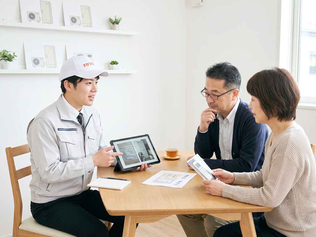 チカラもち富山店のスタッフがお客様とエコキュートの型番や使用年数を確認しているイメージ