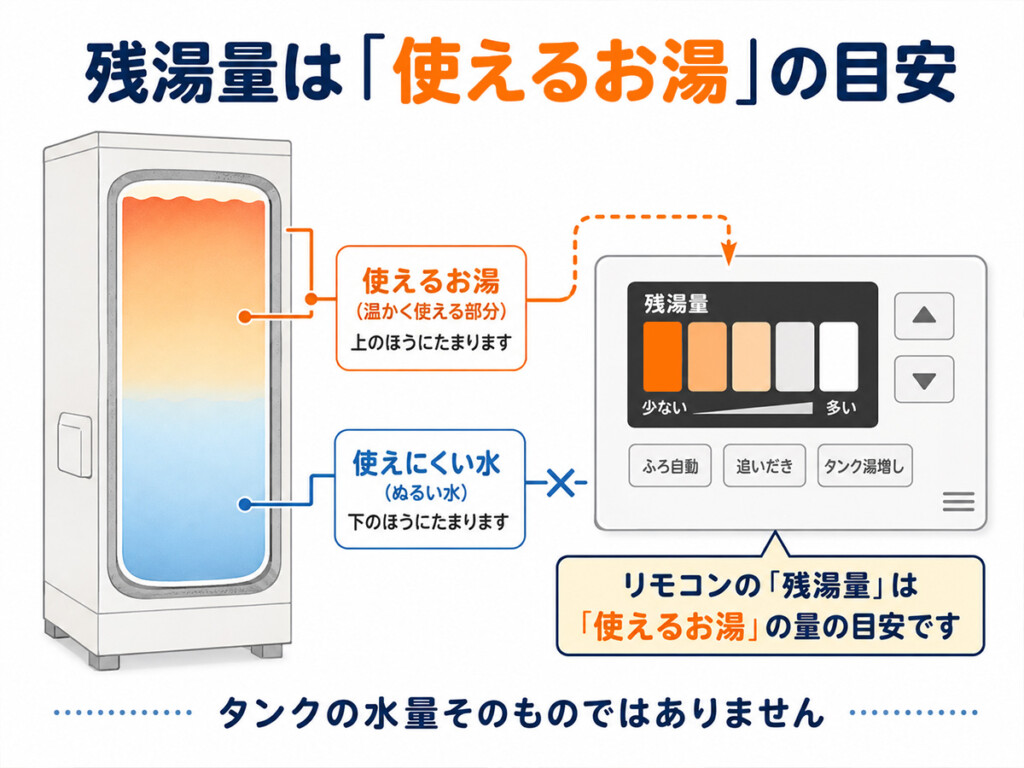 エコキュートの残湯量表示とタンク内の使えるお湯の関係を示した図解