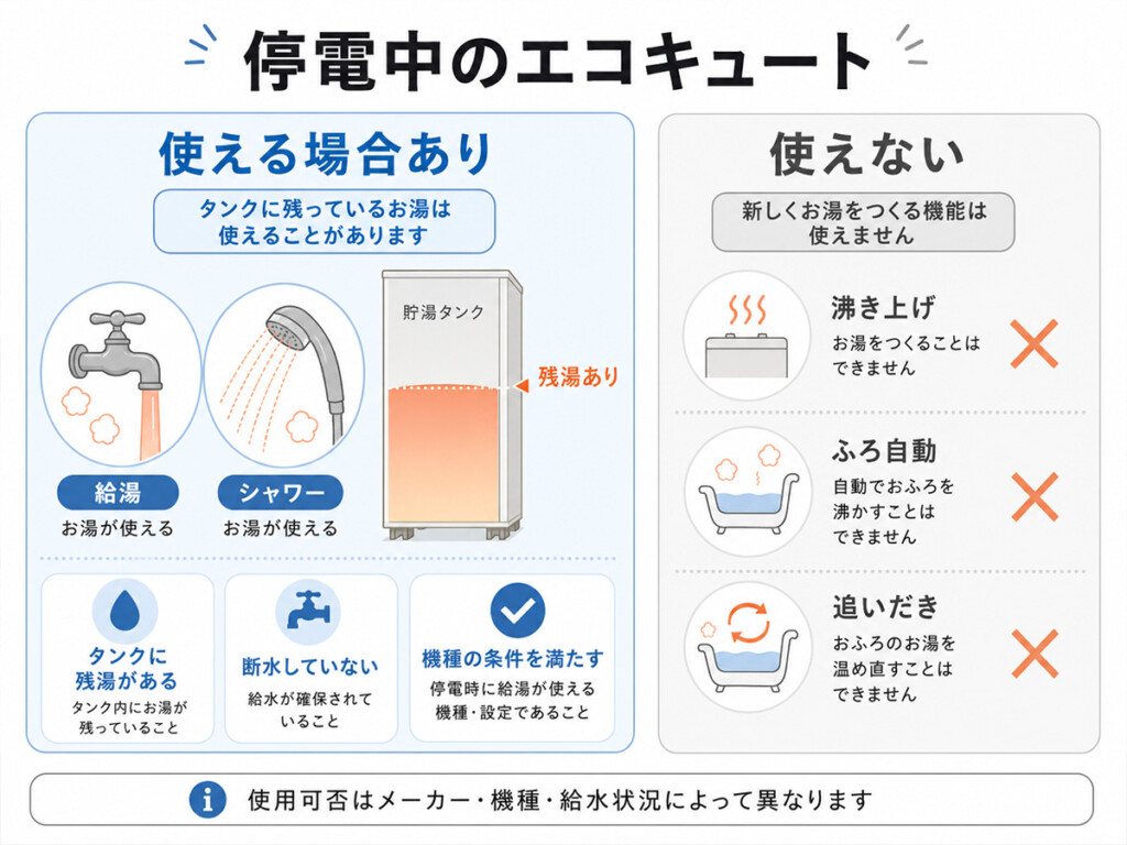 エコキュートが停電中にできることとできないことを示した図解
