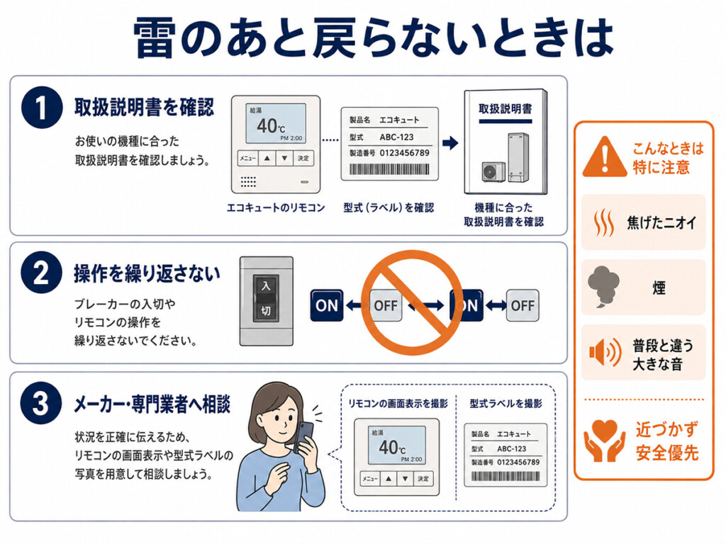 落雷後にエコキュートが動かないときの確認と相談の流れを示した図解