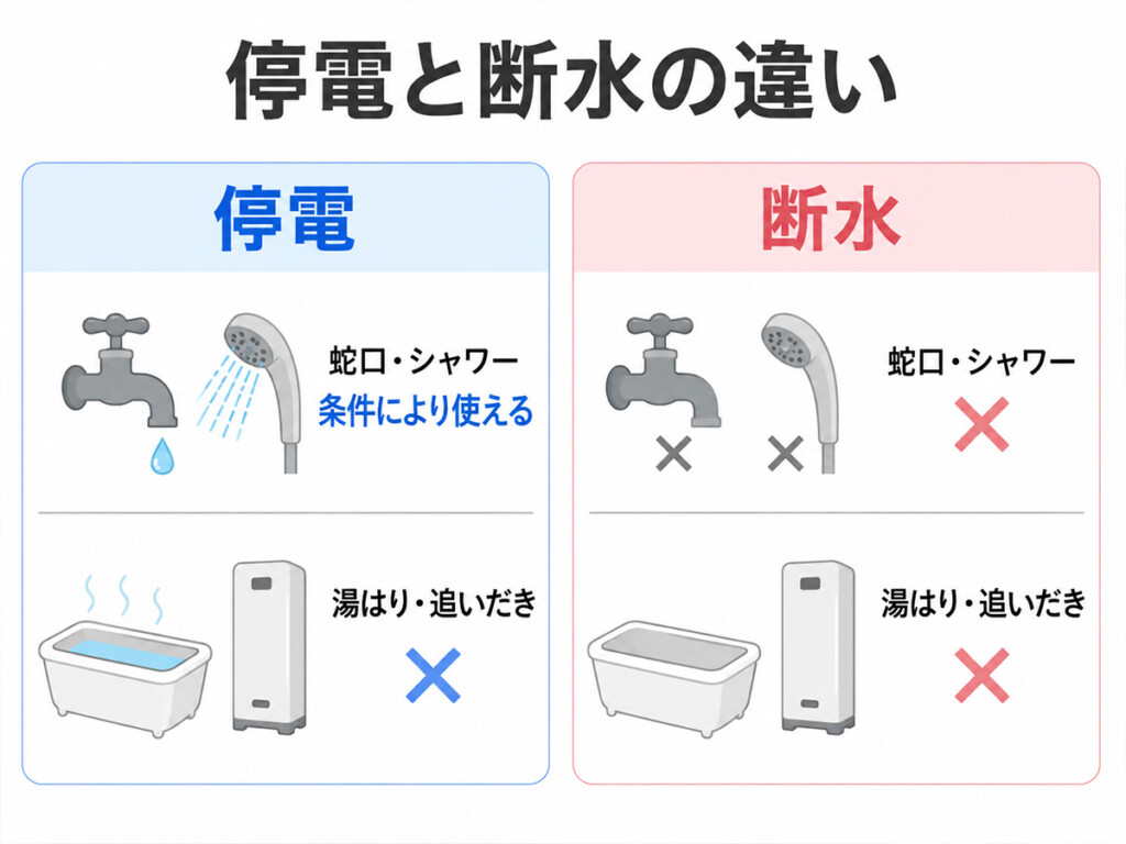 停電時と断水時のエコキュートのお湯の使用可否を比較した図解